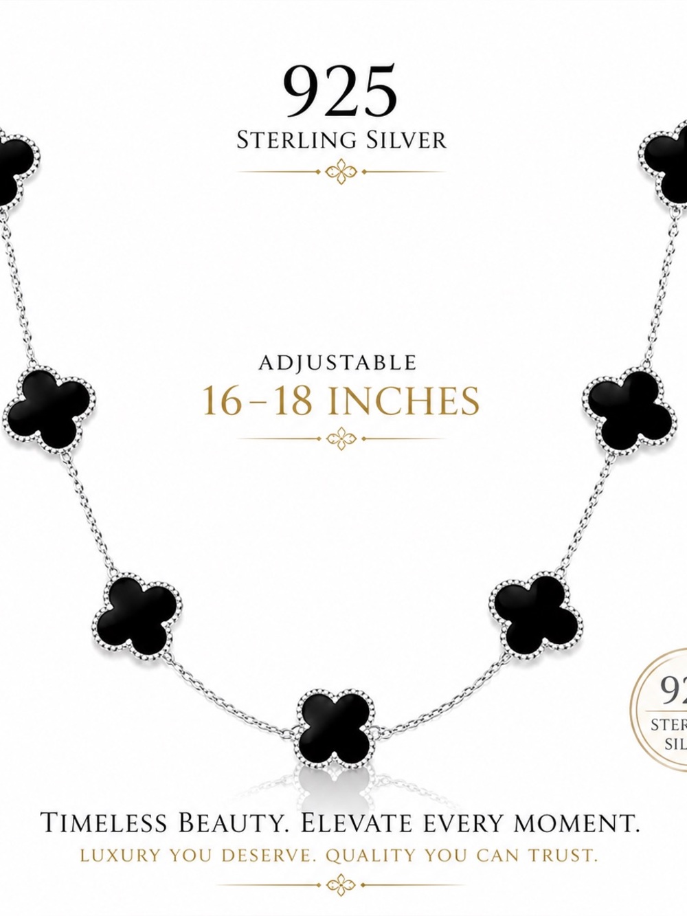 925 Sterling Silver Onyx Clover Station Necklace